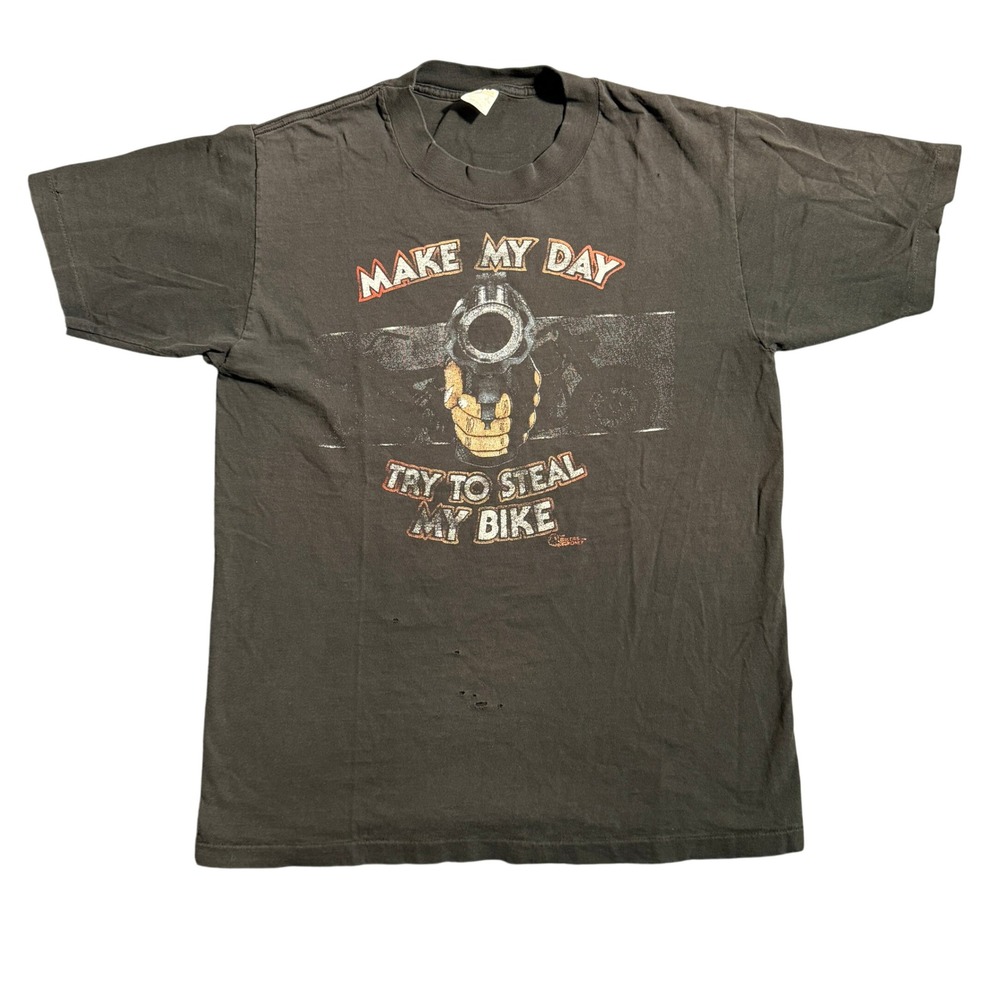 Vintage 80s Make My Day Biker T-Shirt Single Stitch Distressed Faded Black L